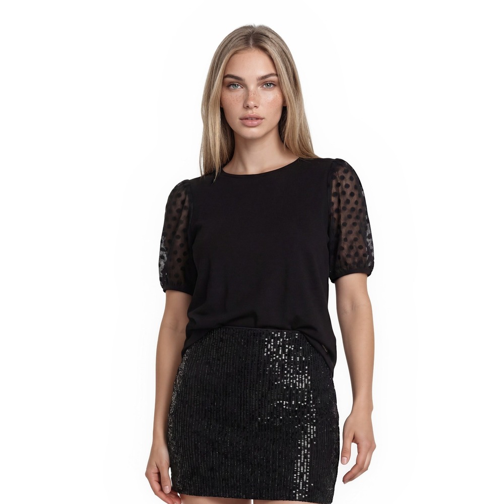 NWT Anne Klein‎ Top Blouse Women's Size Large Black Polka Dot Mesh Puff Sleeve